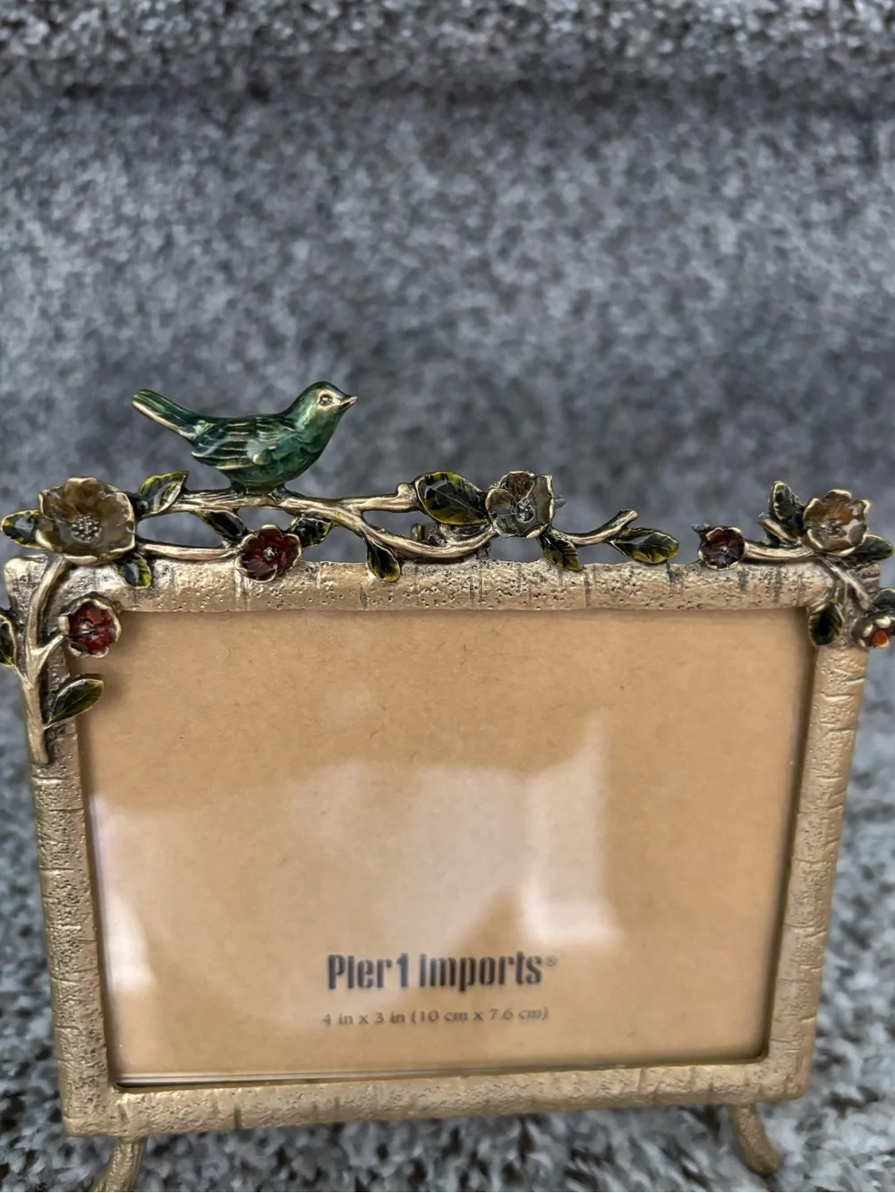 Pier One Imports Gold Tone Enameled Floral Bird Easel Back Photo Frame 4x3